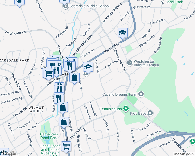 map of restaurants, bars, coffee shops, grocery stores, and more near 17 Lincoln Road in Scarsdale