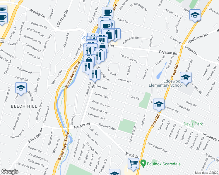 map of restaurants, bars, coffee shops, grocery stores, and more near 44 Brambach Avenue in Scarsdale