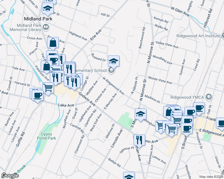map of restaurants, bars, coffee shops, grocery stores, and more near 338 West Ridgewood Avenue in Ridgewood