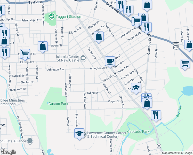 map of restaurants, bars, coffee shops, grocery stores, and more near 813 Bonzo Street in New Castle