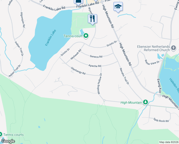 map of restaurants, bars, coffee shops, grocery stores, and more near 864 Apache Road in Franklin Lakes
