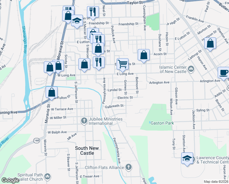 map of restaurants, bars, coffee shops, grocery stores, and more near 1410 Hamilton Street in New Castle