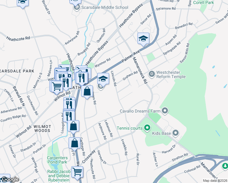 map of restaurants, bars, coffee shops, grocery stores, and more near 17 Lincoln Road in Scarsdale