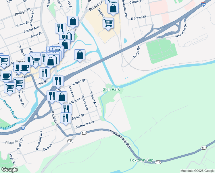 map of restaurants, bars, coffee shops, grocery stores, and more near 19 Collins Street in Stroudsburg