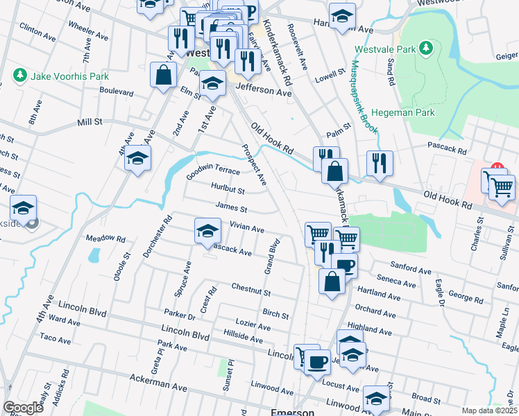 map of restaurants, bars, coffee shops, grocery stores, and more near 26 James Street in Westwood