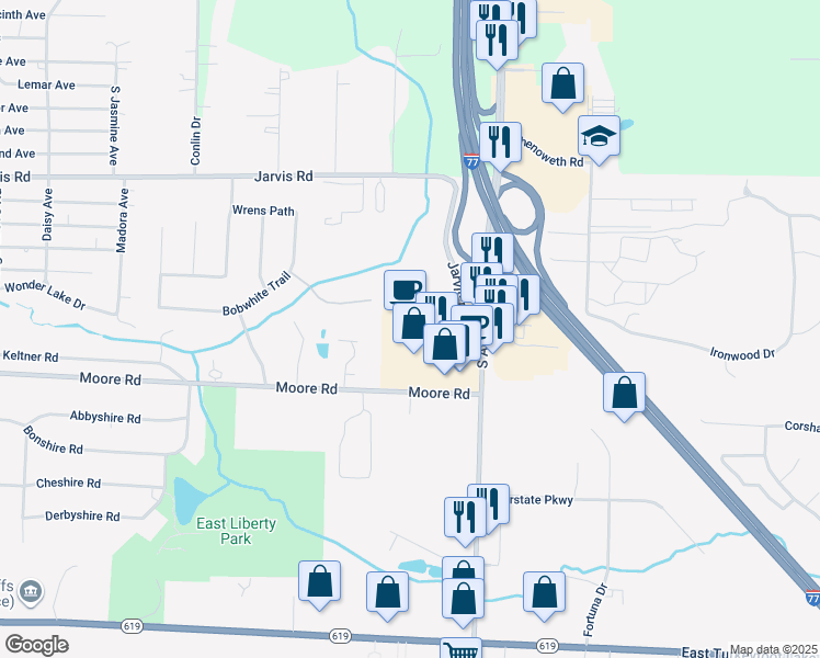 map of restaurants, bars, coffee shops, grocery stores, and more near 762 Arlington Ridge in Akron