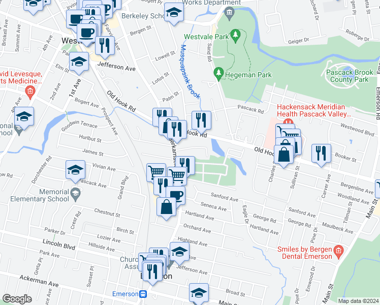 map of restaurants, bars, coffee shops, grocery stores, and more near 25 Crest Street in Westwood