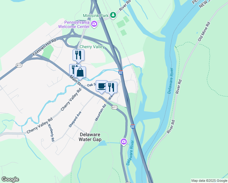 map of restaurants, bars, coffee shops, grocery stores, and more near Waring Drive in Delaware Water Gap
