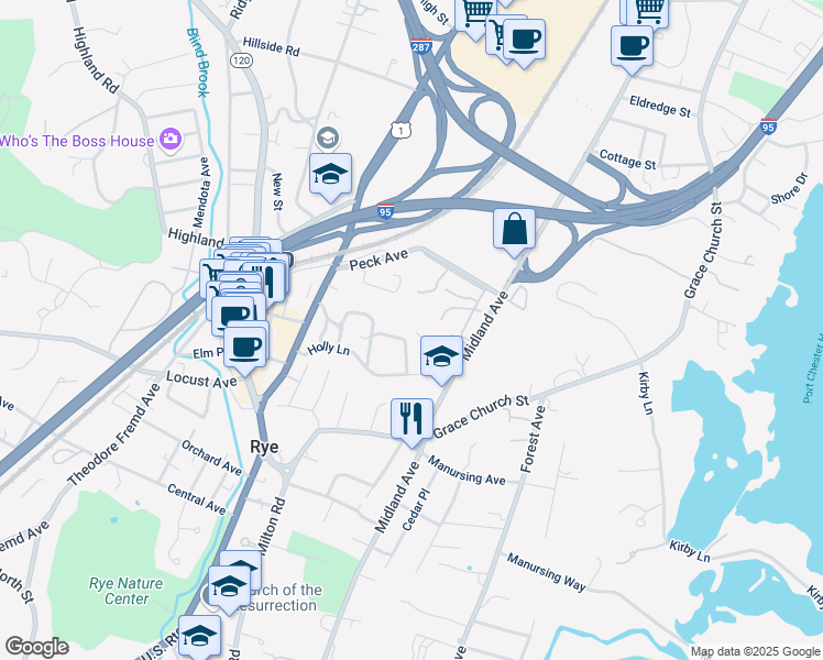 map of restaurants, bars, coffee shops, grocery stores, and more near 13 Thistle Lane in Rye
