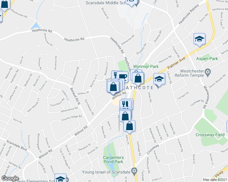 map of restaurants, bars, coffee shops, grocery stores, and more near 1078 Wilmot Road in Scarsdale