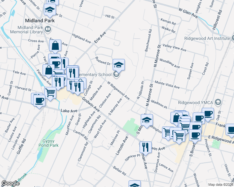 map of restaurants, bars, coffee shops, grocery stores, and more near 338 West Ridgewood Avenue in Ridgewood