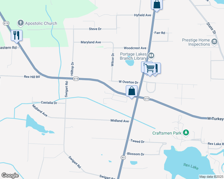 map of restaurants, bars, coffee shops, grocery stores, and more near 1154 West Overton Drive in Akron