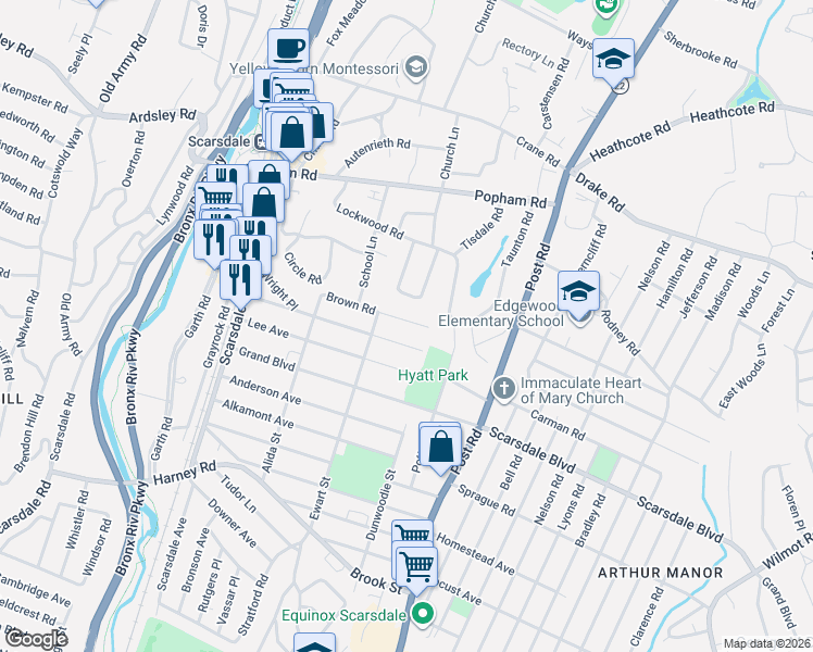 map of restaurants, bars, coffee shops, grocery stores, and more near 118 Brown Road in Scarsdale