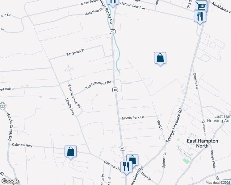 map of restaurants, bars, coffee shops, grocery stores, and more near Three Mile Harbor Road in Suffolk County