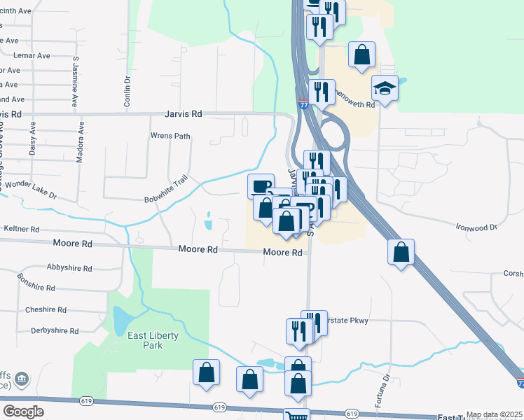 map of restaurants, bars, coffee shops, grocery stores, and more near 762 Arlington Ridge in Akron