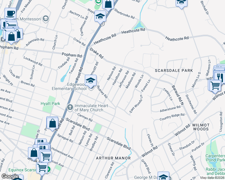 map of restaurants, bars, coffee shops, grocery stores, and more near 25 Jefferson Road in Scarsdale