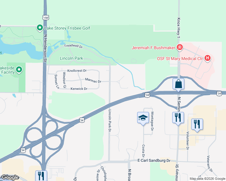 map of restaurants, bars, coffee shops, grocery stores, and more near Lincoln Park Drive in Galesburg