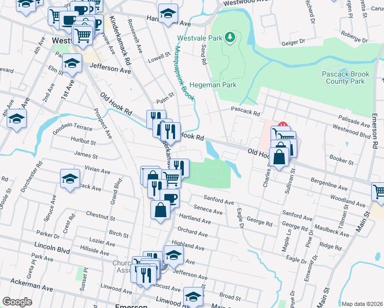 map of restaurants, bars, coffee shops, grocery stores, and more near 25 Crest Street in Westwood