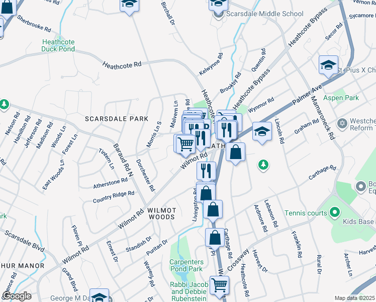 map of restaurants, bars, coffee shops, grocery stores, and more near 1078 Wilmot Road in Scarsdale