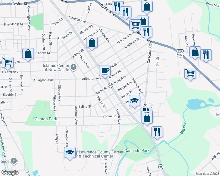 map of restaurants, bars, coffee shops, grocery stores, and more near 1504 East Washington Street in New Castle