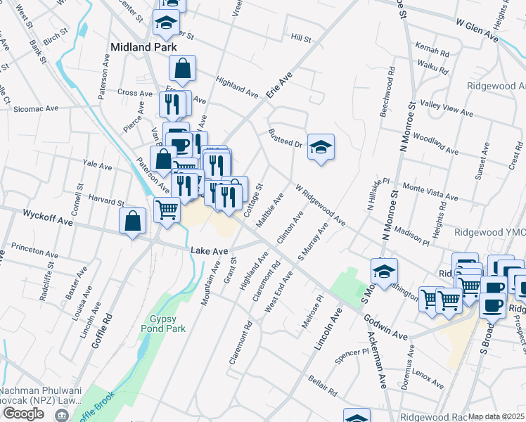 map of restaurants, bars, coffee shops, grocery stores, and more near 33 Maltbie Avenue in Midland Park