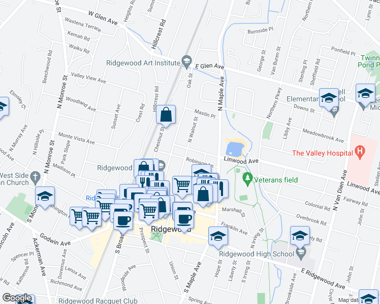 map of restaurants, bars, coffee shops, grocery stores, and more near 128 Linwood Avenue in Ridgewood