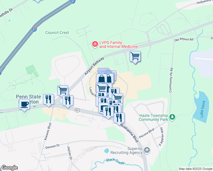 map of restaurants, bars, coffee shops, grocery stores, and more near 230 Laurel Mall Drive in Hazleton