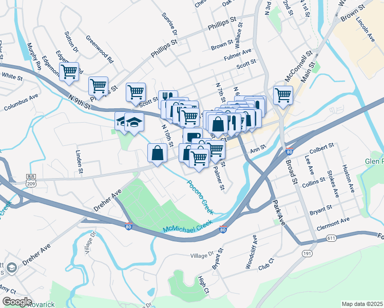 map of restaurants, bars, coffee shops, grocery stores, and more near 903 Main Street in Stroudsburg