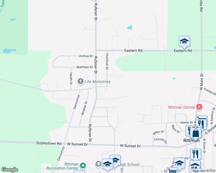 map of restaurants, bars, coffee shops, grocery stores, and more near 327 Overlook Drive in Rittman