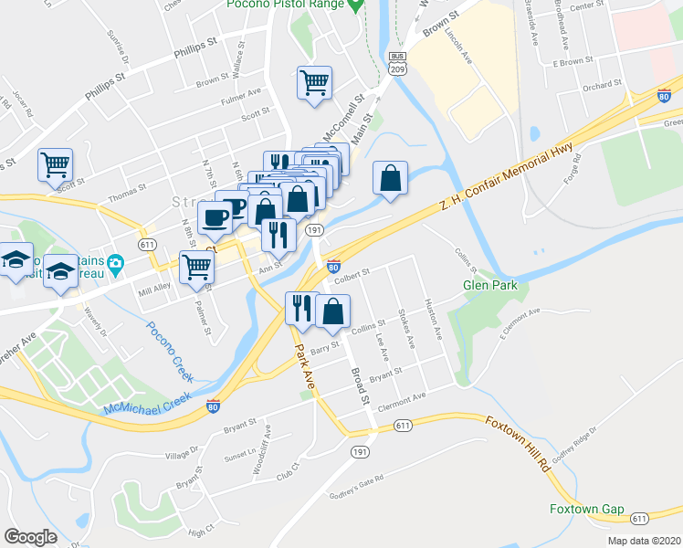 map of restaurants, bars, coffee shops, grocery stores, and more near 416 Colbert Street in Stroudsburg