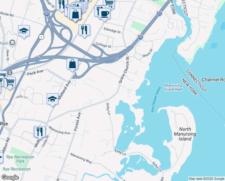 map of restaurants, bars, coffee shops, grocery stores, and more near 385 Grace Church Street in Rye