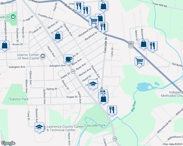 map of restaurants, bars, coffee shops, grocery stores, and more near 938 Warren Avenue in New Castle