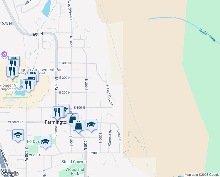 map of restaurants, bars, coffee shops, grocery stores, and more near 182 North Flag Rock Drive in Farmington