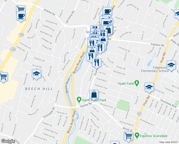 map of restaurants, bars, coffee shops, grocery stores, and more near in Eastchester