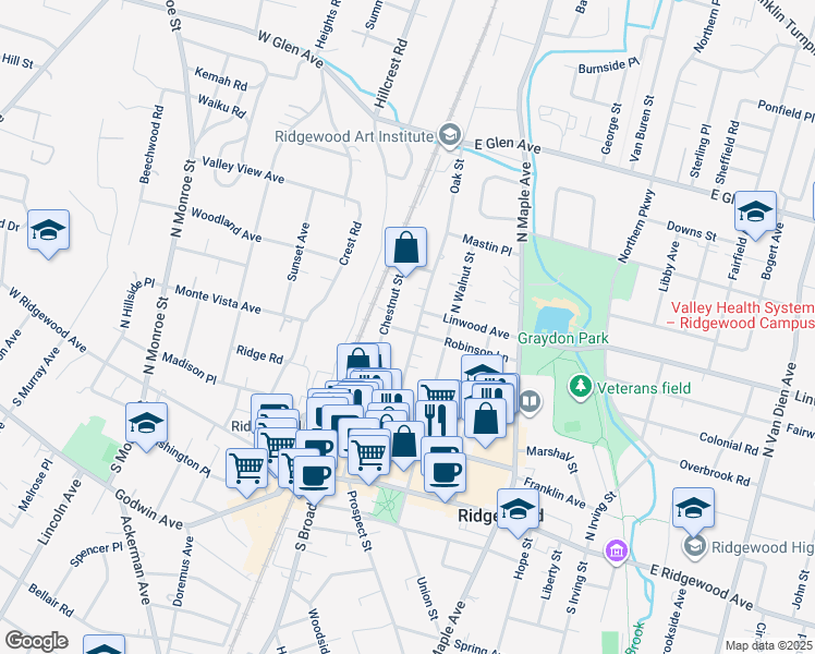 map of restaurants, bars, coffee shops, grocery stores, and more near 170 Oak Street in Ridgewood
