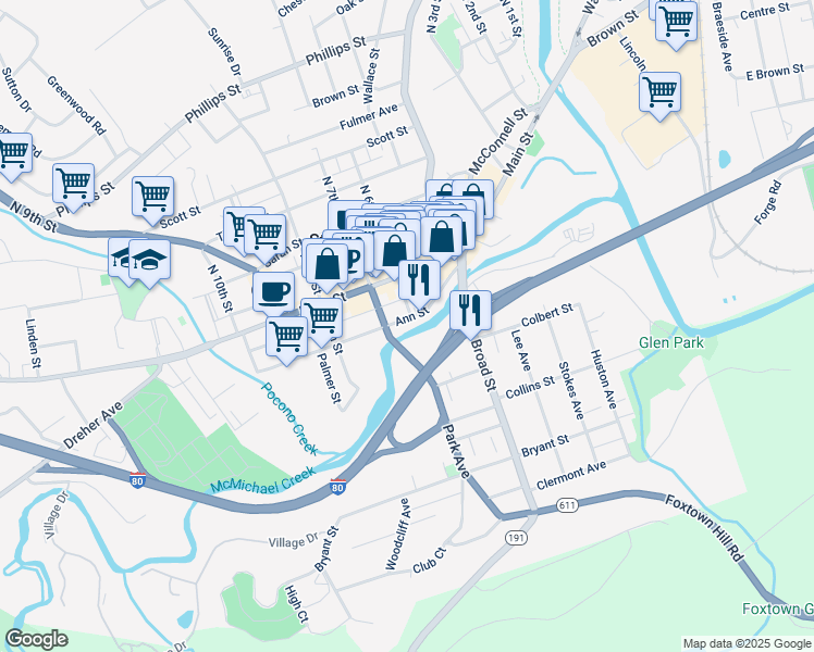 map of restaurants, bars, coffee shops, grocery stores, and more near 603 Ann Street in Stroudsburg