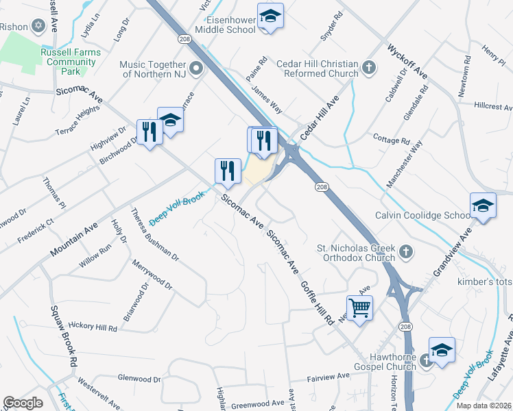 map of restaurants, bars, coffee shops, grocery stores, and more near 194 Brewster Road in Wyckoff