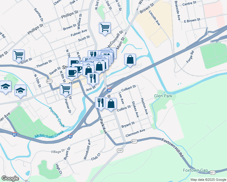 map of restaurants, bars, coffee shops, grocery stores, and more near 416 Colbert Street in Stroudsburg