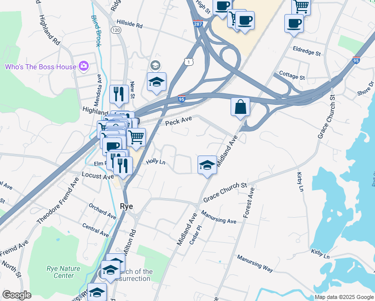 map of restaurants, bars, coffee shops, grocery stores, and more near 13 Thistle Lane in Rye