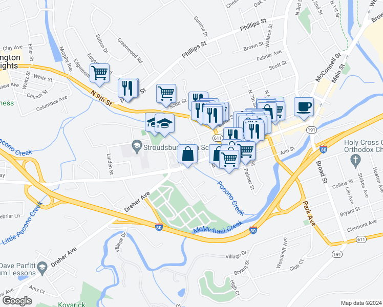 map of restaurants, bars, coffee shops, grocery stores, and more near 9 Elm St in Stroudsburg