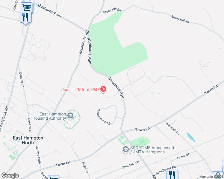 map of restaurants, bars, coffee shops, grocery stores, and more near 298 Abrahams Path in East Hampton
