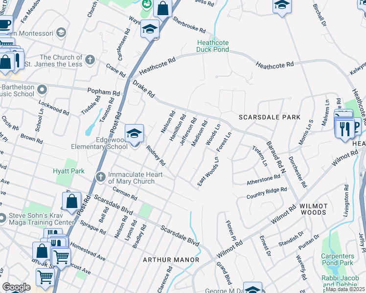 map of restaurants, bars, coffee shops, grocery stores, and more near 33 Jefferson Road in Scarsdale