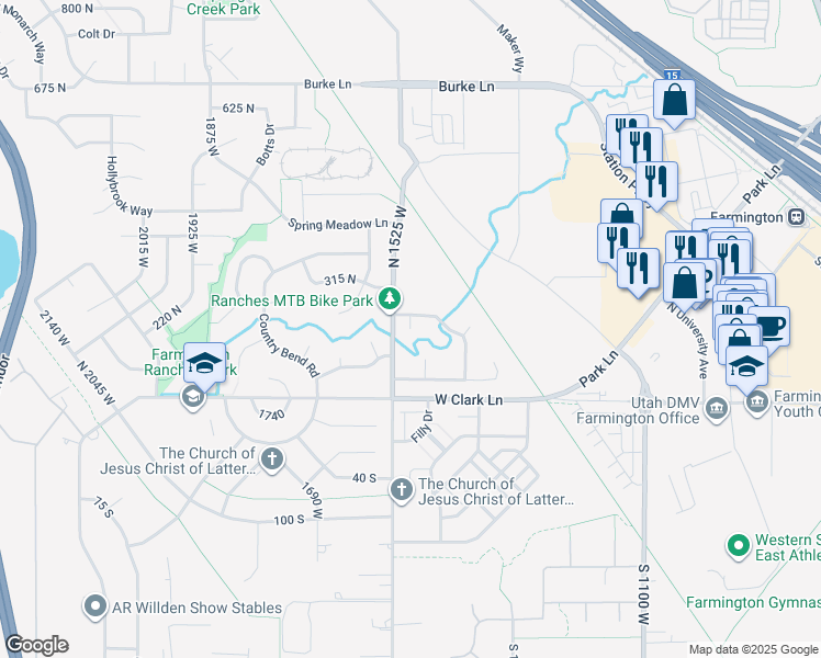 map of restaurants, bars, coffee shops, grocery stores, and more near 234 North Dexter Circle in Farmington