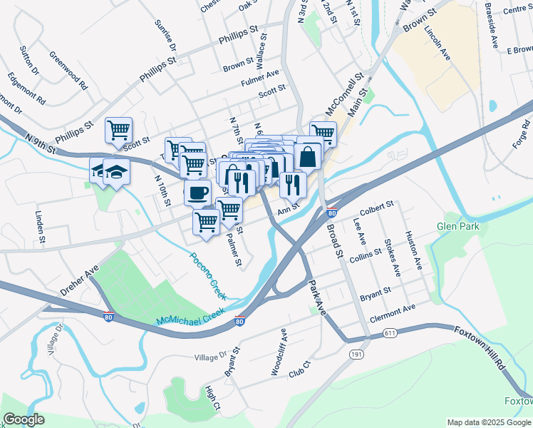 map of restaurants, bars, coffee shops, grocery stores, and more near 702 Ann Street in Stroudsburg