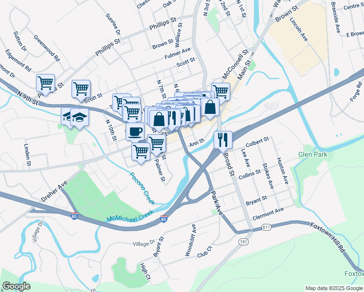 map of restaurants, bars, coffee shops, grocery stores, and more near 702 Ann Street in Stroudsburg