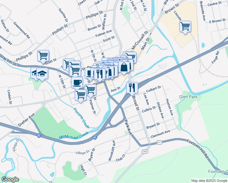 map of restaurants, bars, coffee shops, grocery stores, and more near 603 Ann Street in Stroudsburg
