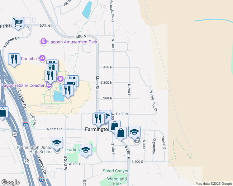 map of restaurants, bars, coffee shops, grocery stores, and more near 232 North 100 East in Farmington