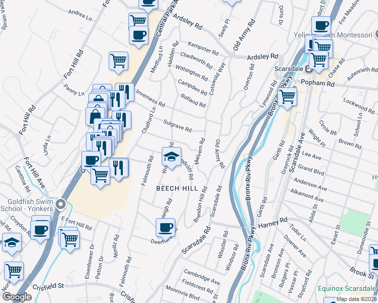 map of restaurants, bars, coffee shops, grocery stores, and more near 25 Dorset Road in Scarsdale