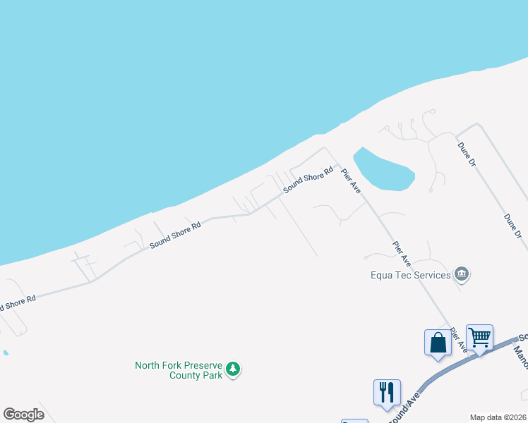 map of restaurants, bars, coffee shops, grocery stores, and more near 867 Sound Shore Road in Riverhead
