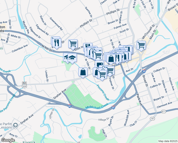 map of restaurants, bars, coffee shops, grocery stores, and more near 13 North 10th Street in Stroudsburg